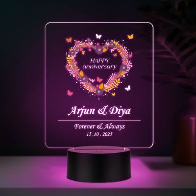 Personalized Heart Shape Couple Night Lamp Custom with Name & Date Bedside Table Lamp Couple Gift Anniversary, Wedding, Marriage, Valentine Day Multicolored Light (Anniversary Gift 1)